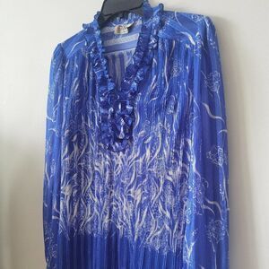 Blue & White Pleated Vintage long Sleeve Midi 70s Polyester